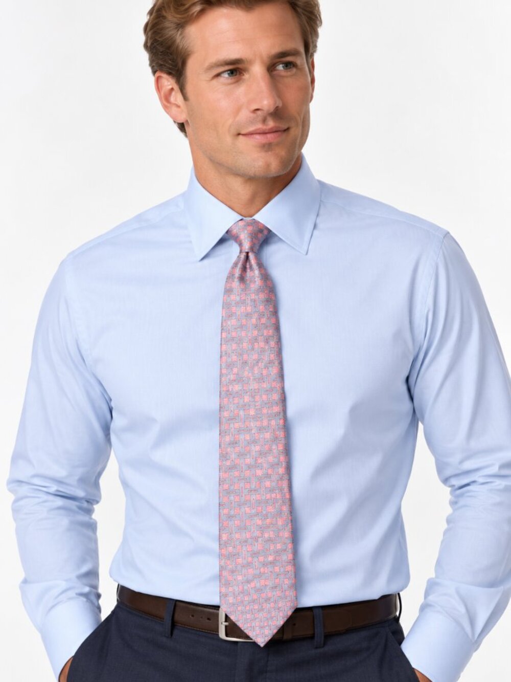 Refined! Richel 100% Silk Tie – Pink & Silver Gray Geometric Pattern